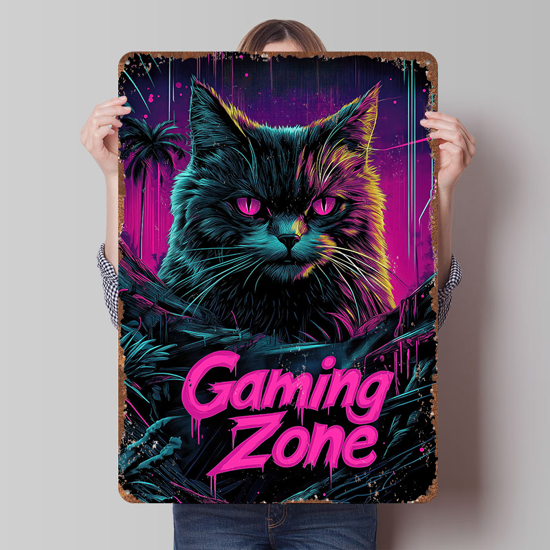 Retro Gaming At Home - لوحة معدنية بتصميم قطة ألعاب، فن